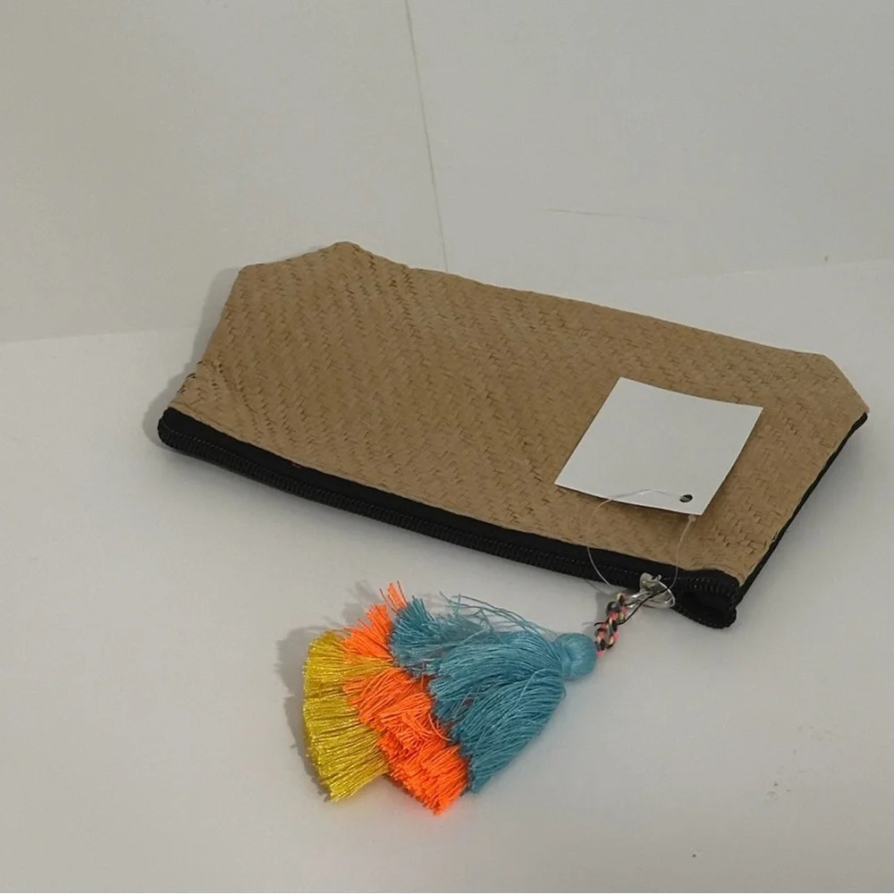 Woven Faux Straw & Black Fabric Cosmetic Case Pouch with Neon Tassel Accent NWT